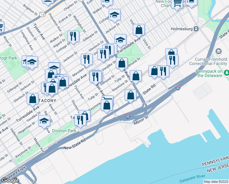 map of restaurants, bars, coffee shops, grocery stores, and more near 7118 Keystone Street in Philadelphia