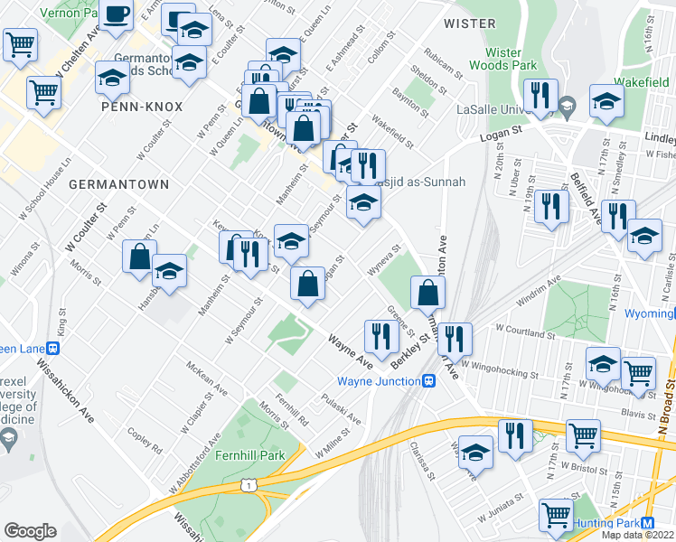 map of restaurants, bars, coffee shops, grocery stores, and more near 120 West Logan Street in Philadelphia