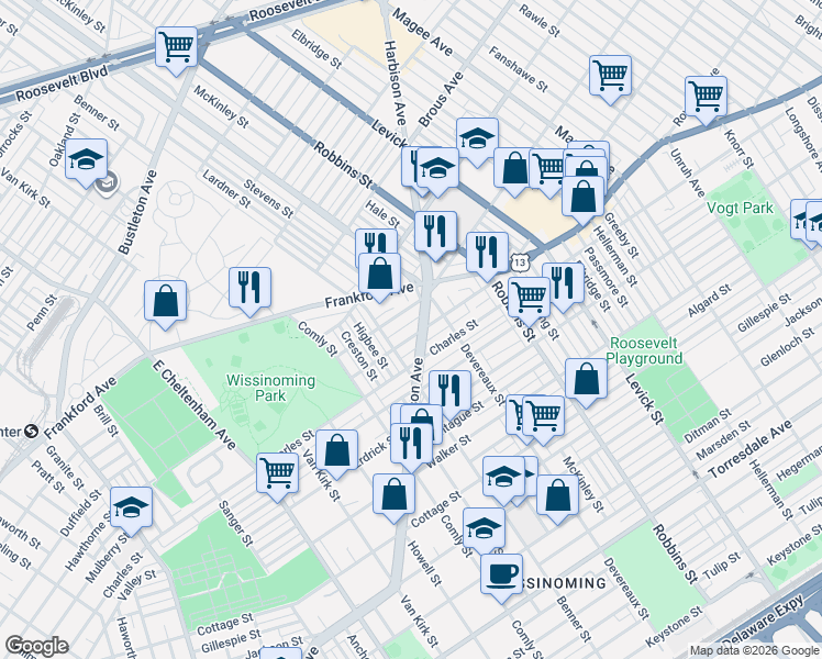 map of restaurants, bars, coffee shops, grocery stores, and more near 6128 Mulberry Street in Philadelphia
