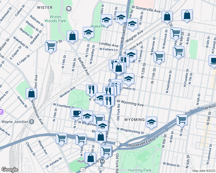 map of restaurants, bars, coffee shops, grocery stores, and more near 1430 West Loudon Street in Philadelphia