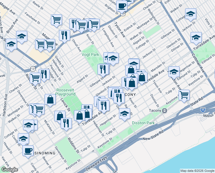 map of restaurants, bars, coffee shops, grocery stores, and more near 4521 Unruh Avenue in Philadelphia