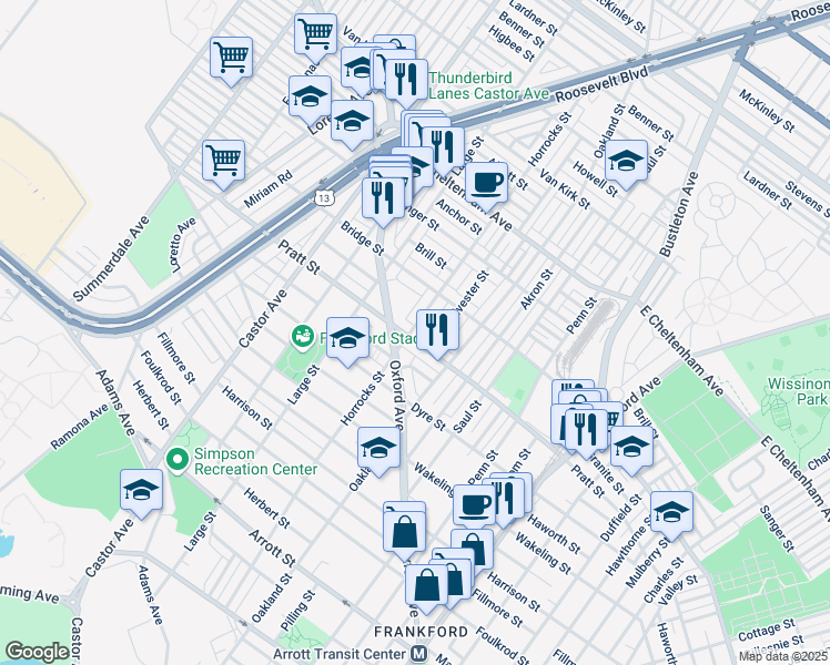 map of restaurants, bars, coffee shops, grocery stores, and more near 1201 Pratt Street in Philadelphia