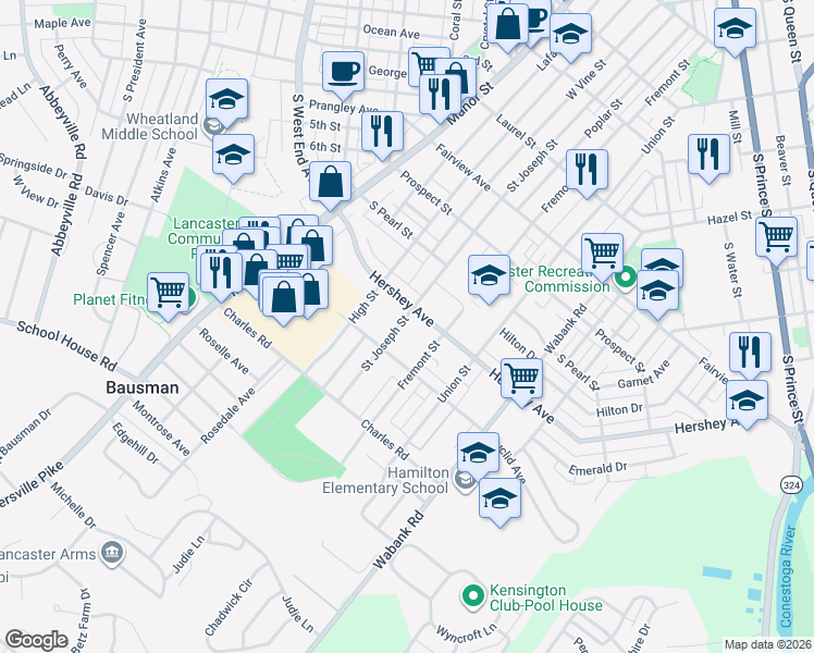 map of restaurants, bars, coffee shops, grocery stores, and more near 1120 Saint Joseph Street in Lancaster
