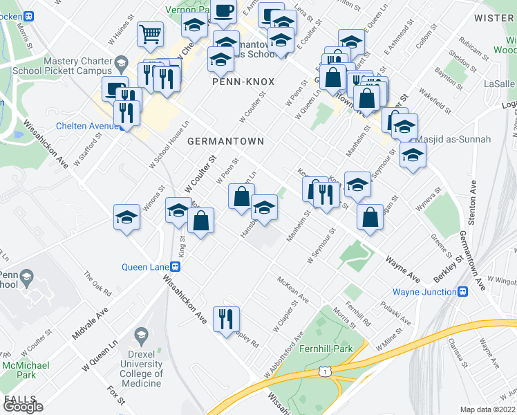 map of restaurants, bars, coffee shops, grocery stores, and more near 249 West Hansberry Street in Philadelphia