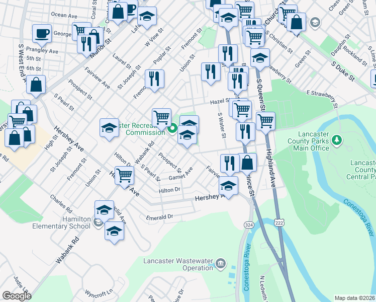 map of restaurants, bars, coffee shops, grocery stores, and more near 615 Fairview Avenue in Lancaster