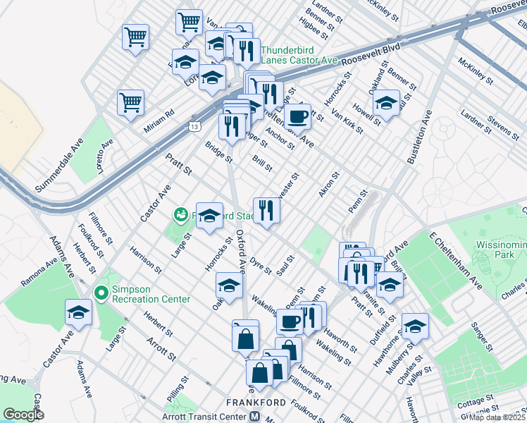 map of restaurants, bars, coffee shops, grocery stores, and more near 5220 Sylvester Street in Philadelphia