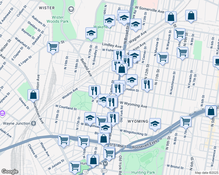 map of restaurants, bars, coffee shops, grocery stores, and more near 1436 West Loudon Street in Philadelphia