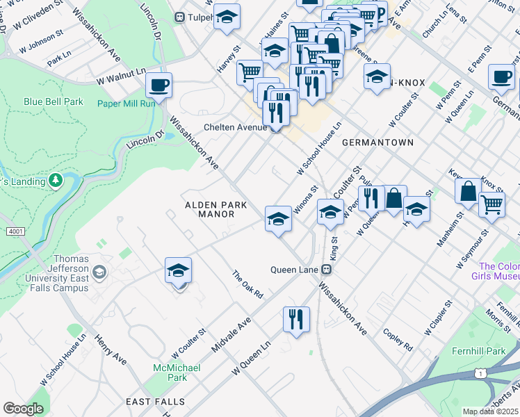 map of restaurants, bars, coffee shops, grocery stores, and more near 469 West School House Lane in Philadelphia