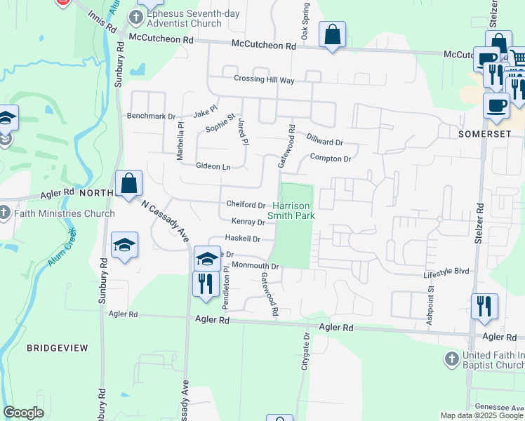 map of restaurants, bars, coffee shops, grocery stores, and more near 3233 Chelford Drive in Columbus