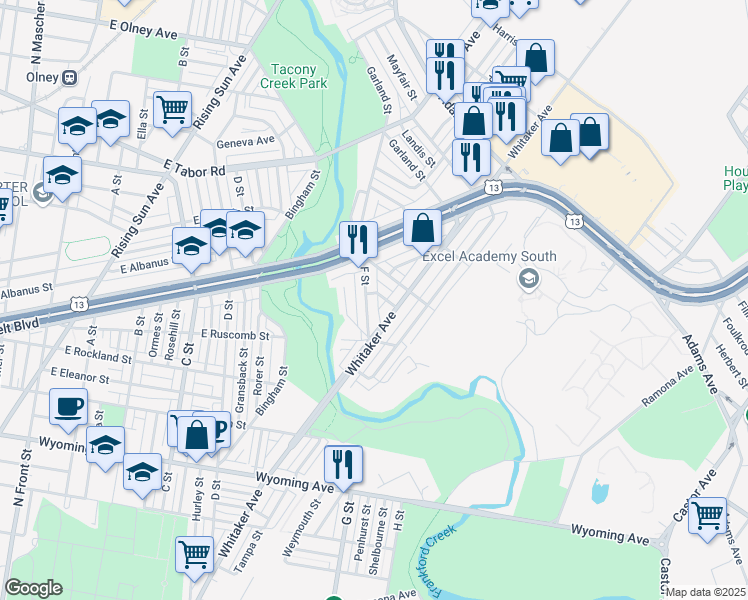 map of restaurants, bars, coffee shops, grocery stores, and more near 5043 F Street in Philadelphia