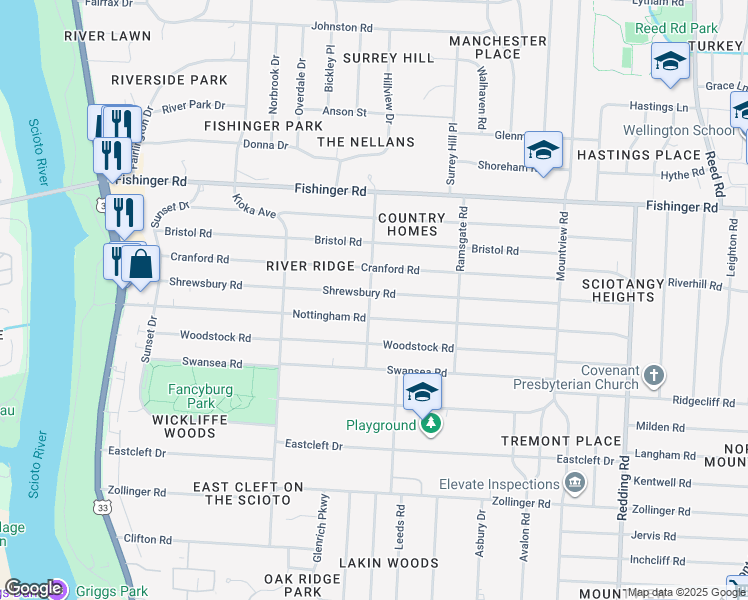 map of restaurants, bars, coffee shops, grocery stores, and more near 2451 Shrewsbury Road in Columbus