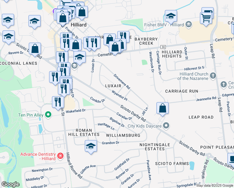 map of restaurants, bars, coffee shops, grocery stores, and more near Wyandot Place in Hilliard