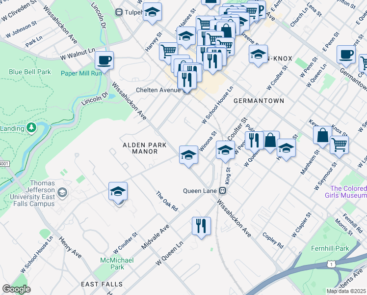 map of restaurants, bars, coffee shops, grocery stores, and more near 477 W School House Ln in Philadelphia