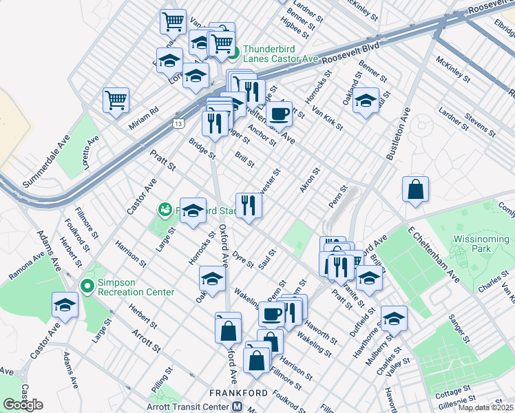 map of restaurants, bars, coffee shops, grocery stores, and more near 5237 Sylvester Street in Philadelphia