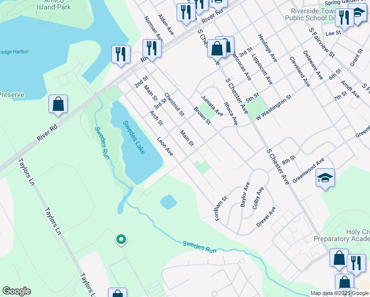 map of restaurants, bars, coffee shops, grocery stores, and more near 417 Arch Street in Delran
