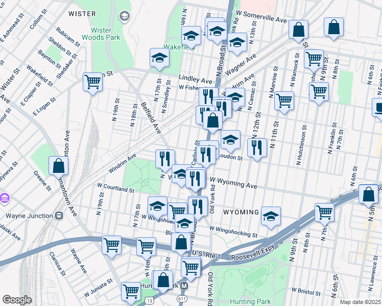 map of restaurants, bars, coffee shops, grocery stores, and more near 1438 West Loudon Street in Philadelphia