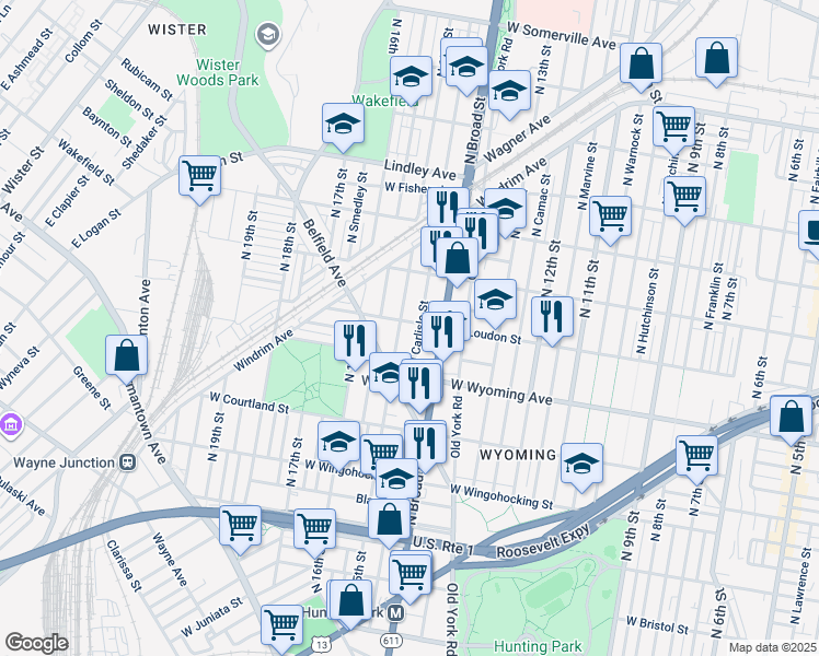 map of restaurants, bars, coffee shops, grocery stores, and more near 1440 West Loudon Street in Philadelphia
