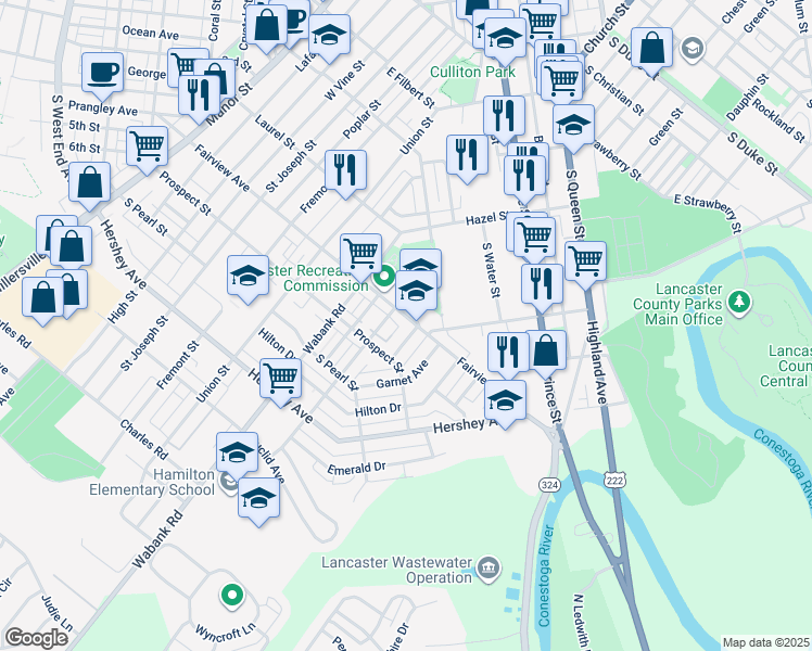 map of restaurants, bars, coffee shops, grocery stores, and more near 620 Fairview Avenue in Lancaster