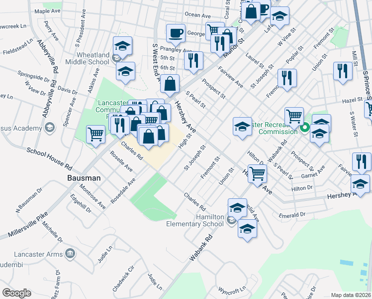 map of restaurants, bars, coffee shops, grocery stores, and more near 125 Euclid Avenue in Lancaster