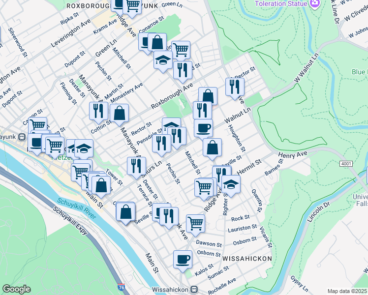 map of restaurants, bars, coffee shops, grocery stores, and more near 458 Shurs Ln in Philadelphia