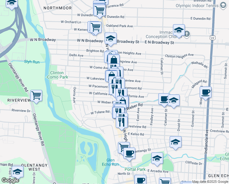map of restaurants, bars, coffee shops, grocery stores, and more near 3131 North High Street in Columbus