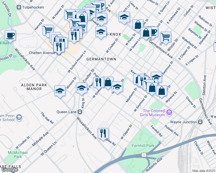 map of restaurants, bars, coffee shops, grocery stores, and more near 5232 Pulaski Avenue in Philadelphia