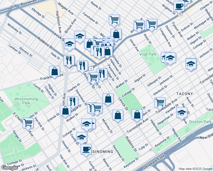 map of restaurants, bars, coffee shops, grocery stores, and more near 4215 Barnett Street in Philadelphia