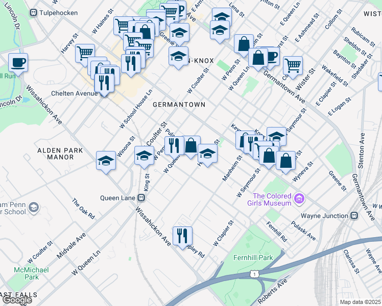 map of restaurants, bars, coffee shops, grocery stores, and more near 5232 Pulaski Avenue in Philadelphia
