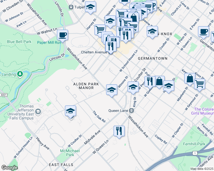 map of restaurants, bars, coffee shops, grocery stores, and more near 461 West School House Lane in Philadelphia