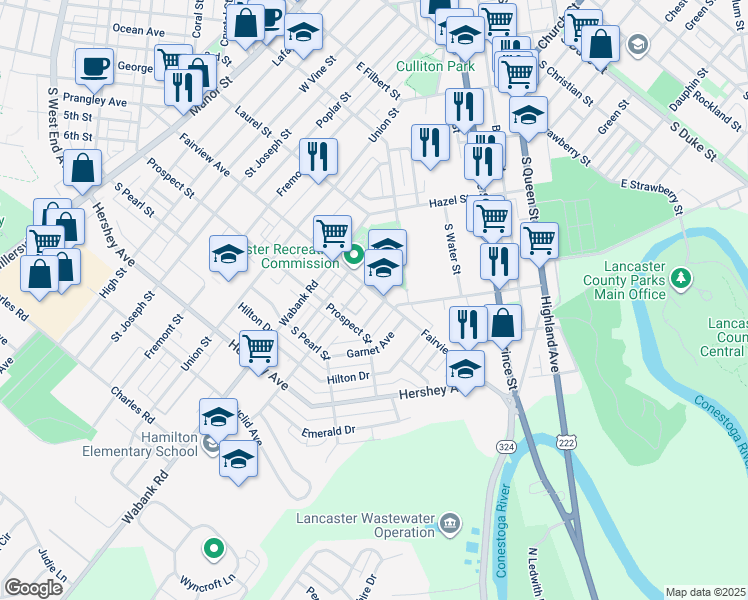 map of restaurants, bars, coffee shops, grocery stores, and more near 620 Fairview Avenue in Lancaster