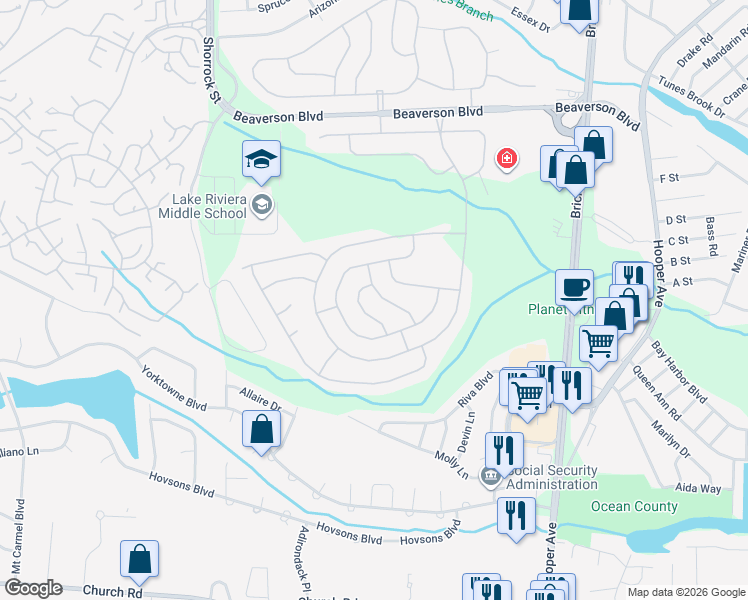 map of restaurants, bars, coffee shops, grocery stores, and more near 14 Carter Way in Brick Township