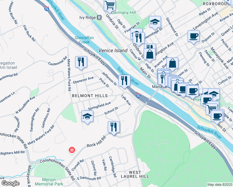 map of restaurants, bars, coffee shops, grocery stores, and more near 50 Ashland Avenue in Bala Cynwyd