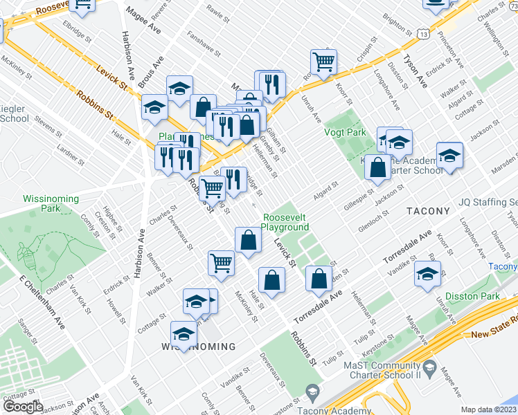 map of restaurants, bars, coffee shops, grocery stores, and more near 4233 Levick Street in Philadelphia