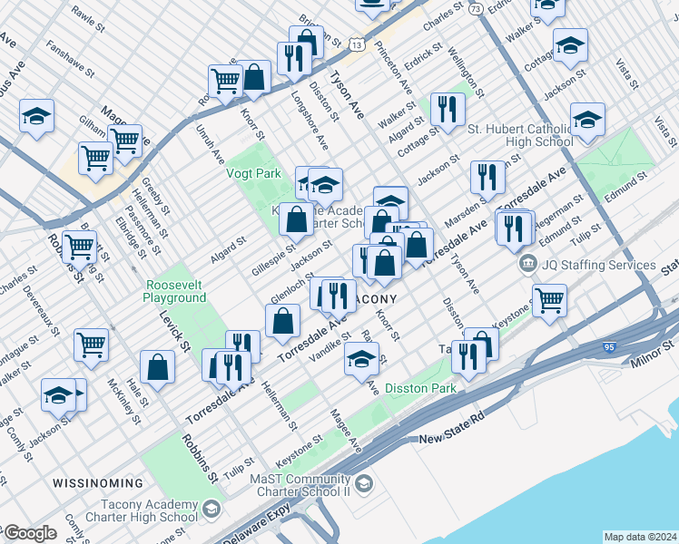 map of restaurants, bars, coffee shops, grocery stores, and more near 6738 Ditman Street in Philadelphia