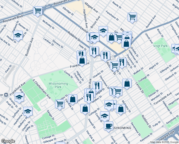 map of restaurants, bars, coffee shops, grocery stores, and more near 6132 Mulberry Street in Philadelphia