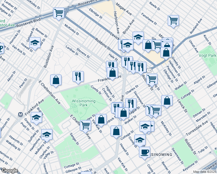 map of restaurants, bars, coffee shops, grocery stores, and more near 4025 Higbee Street in Philadelphia