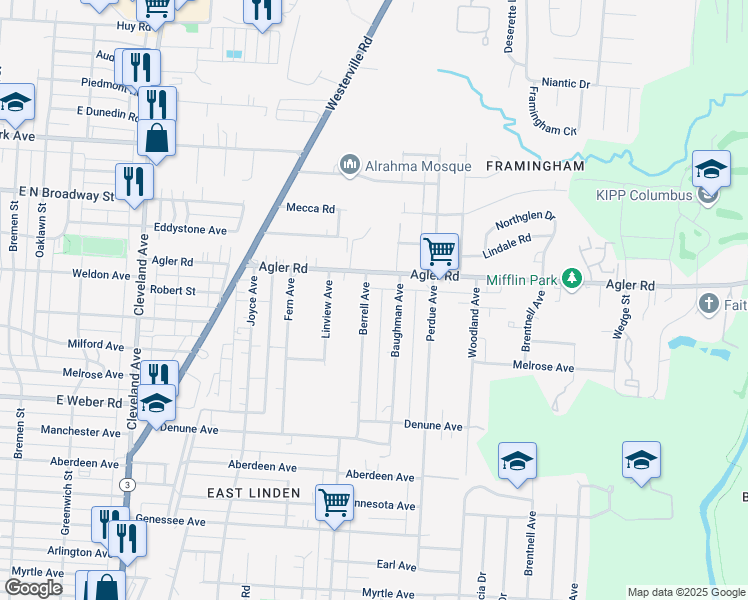 map of restaurants, bars, coffee shops, grocery stores, and more near 2820 Berrell Avenue in Columbus