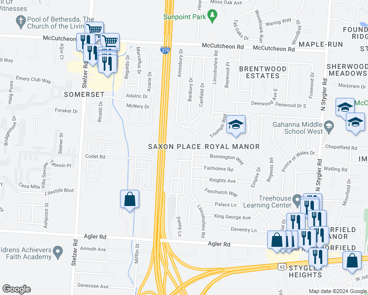 map of restaurants, bars, coffee shops, grocery stores, and more near 280 Penny Lane in Gahanna