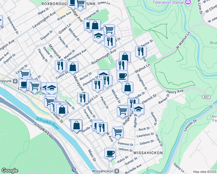 map of restaurants, bars, coffee shops, grocery stores, and more near 454 Shurs Lane in Philadelphia