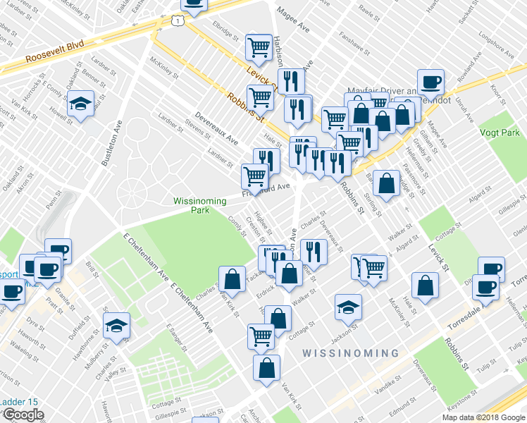 map of restaurants, bars, coffee shops, grocery stores, and more near 4026 Benner Street in Philadelphia