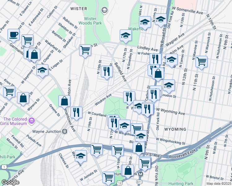 map of restaurants, bars, coffee shops, grocery stores, and more near 1660 West Mentor Street in Philadelphia