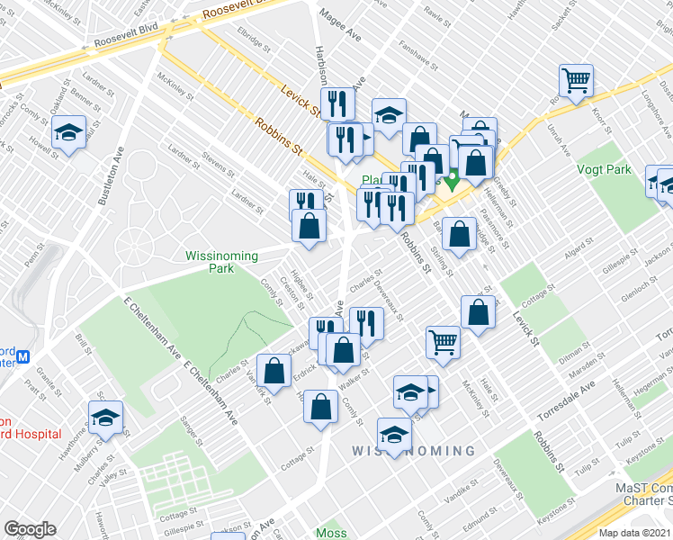 map of restaurants, bars, coffee shops, grocery stores, and more near 6132 Mulberry Street in Philadelphia