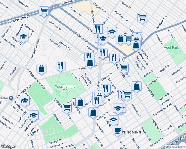 map of restaurants, bars, coffee shops, grocery stores, and more near 6111 Hawthorne Street in Philadelphia