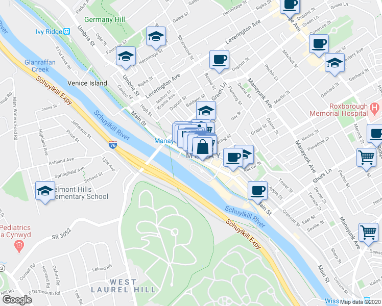 map of restaurants, bars, coffee shops, grocery stores, and more near 4411 Main Street in Philadelphia