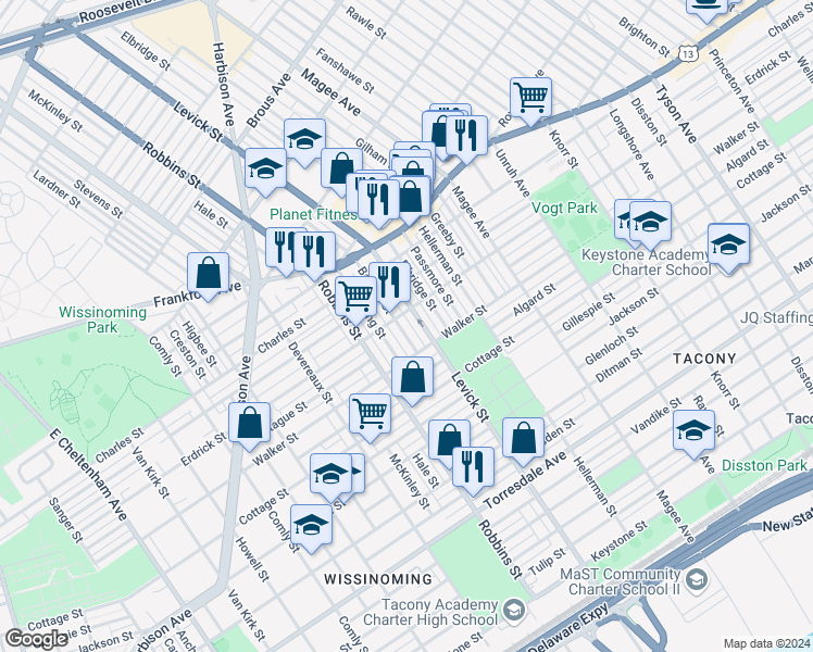 map of restaurants, bars, coffee shops, grocery stores, and more near 4213 Barnett Street in Philadelphia