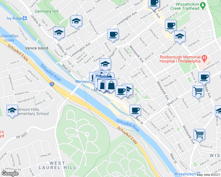 map of restaurants, bars, coffee shops, grocery stores, and more near 4341 Cresson Street in Philadelphia