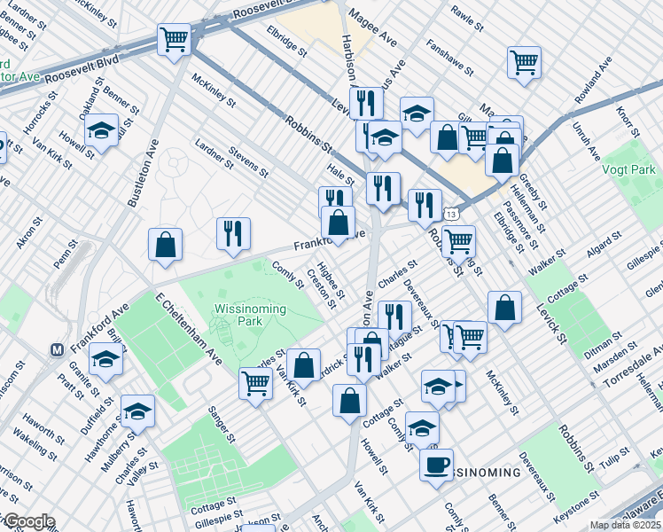 map of restaurants, bars, coffee shops, grocery stores, and more near 4026 Benner Street in Philadelphia