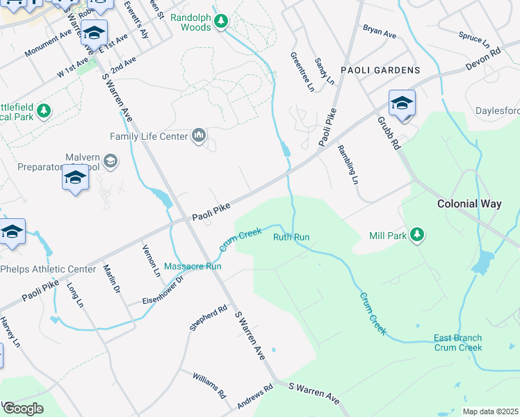 map of restaurants, bars, coffee shops, grocery stores, and more near 218 Paoli Pike in Malvern