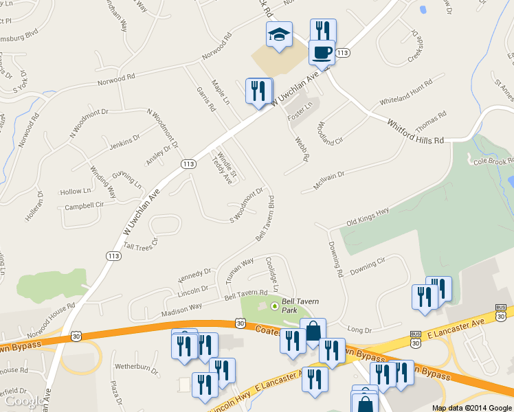 map of restaurants, bars, coffee shops, grocery stores, and more near 3 Jefferson Court in Downingtown