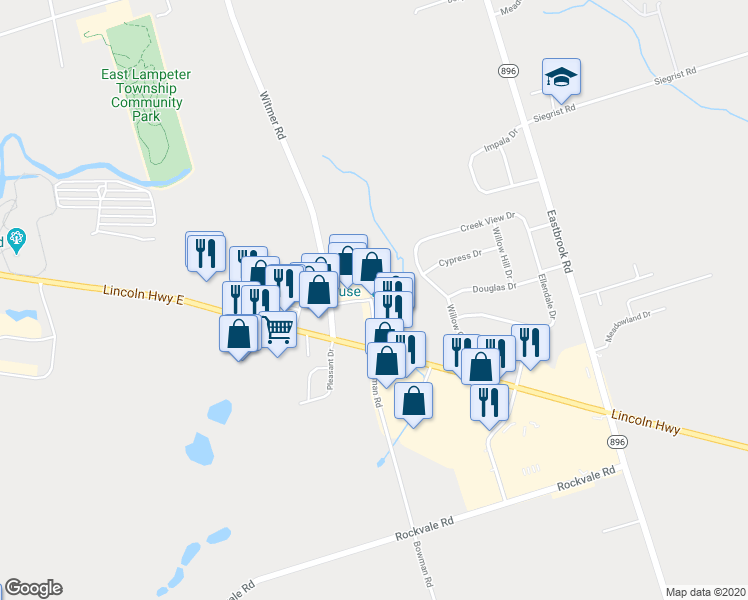 map of restaurants, bars, coffee shops, grocery stores, and more near 2395 Covered Bridge Drive in Lancaster